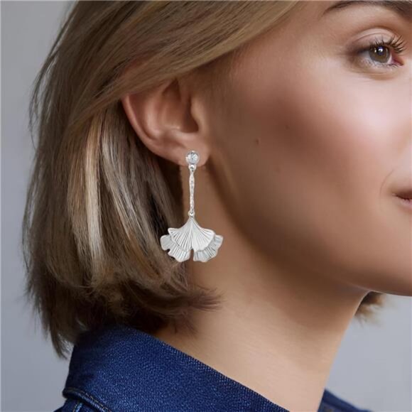 Silver Ginkgo Leaf Earrings | Elegant Statement Dangle Jewelry - Picture 3 of 5